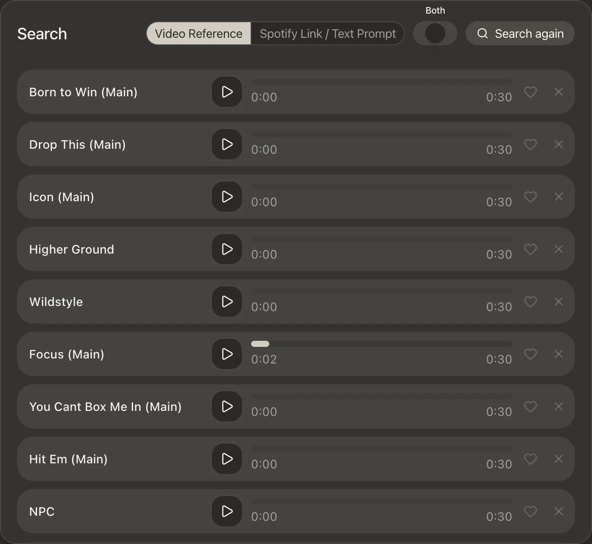 A list of search results, each one auditionable against the film