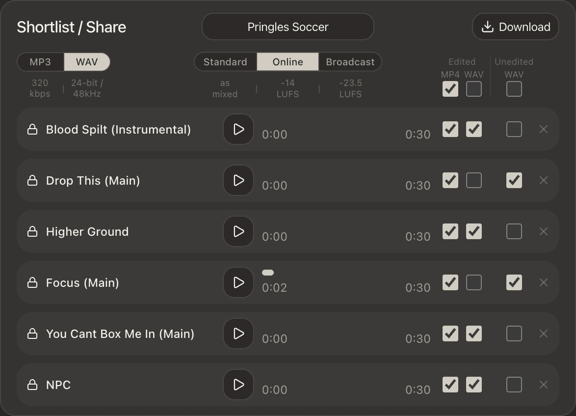 The shortlist, with format and loudness options ready to download
